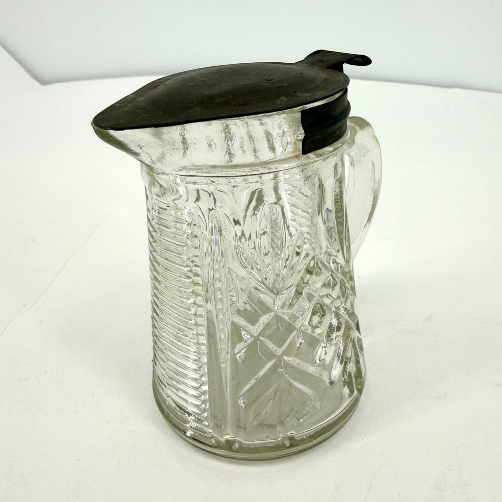 Vintage EAPG Pressed Glass Syrup Pitcher Metal Lid 4.75" Early American Pattern‎ - Picture 4 of 7